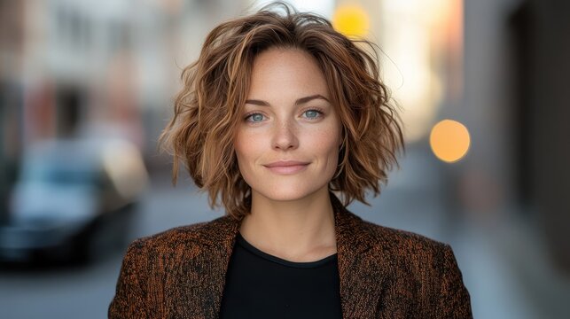 A poised woman dressed in a stylish, textured blazer, standing confidently in an urban scene, exuding charm and approachability against a blurred street background.
