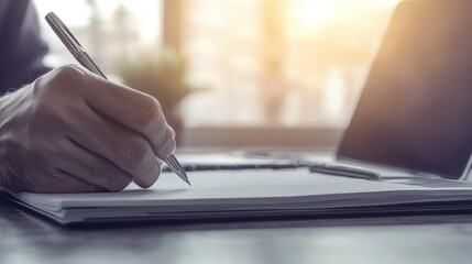 Fototapeta premium Focused Writing at Digital Workspace with Laptop and Pen Depicting Productivity and Professionalism in the Office
