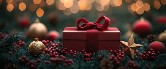 Christmas Gift Box with Red Ribbon Surrounded by Ornaments and Decorations on Light Green Background