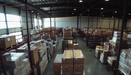 A drone hovers above a large warehouse, showcasing numerous rows of stacked boxes and pallets beneath bright overhead lights. The space is organized and bustling with activity