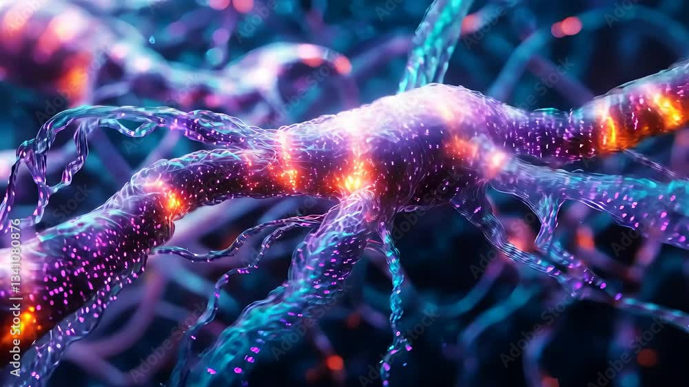Poster close-up of glowing neural connections and fibers with vibrant light effects in a futuristic digital