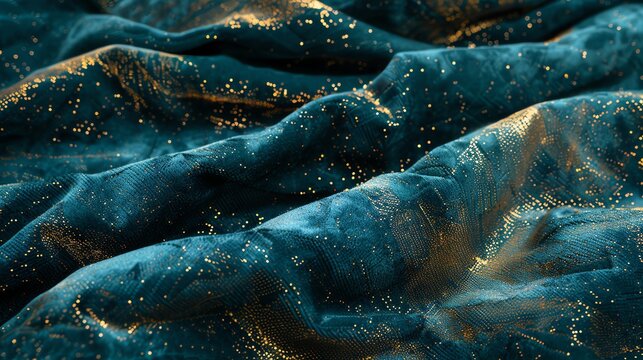 A close-up of a teal velvet fabric with gold glitter flecks.