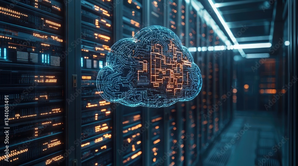 Aufkleber Artificial intelligence database and future computing concept. Futuristic data center with cloud computing interface displayed.