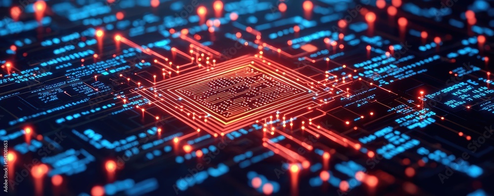 Leinwandbilder Artificial intelligence database in cyberspace circuit concept. Close-up of a glowing microchip on a circuit board.