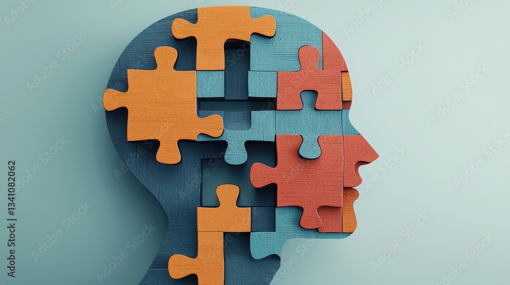 Poster colorful puzzle pieces forming the shape of a human head representing the intricate and complex cogn