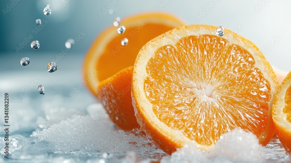 Poster a collection of fresh orange slices surrounded by sparkling ice, creating a refreshing and appetizin