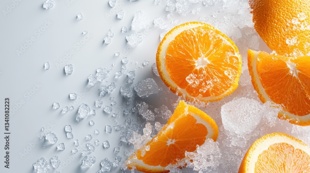 Poster a stunning top-down view of freshly cut oranges scattered with ice cubes, emphasizing the cooling an