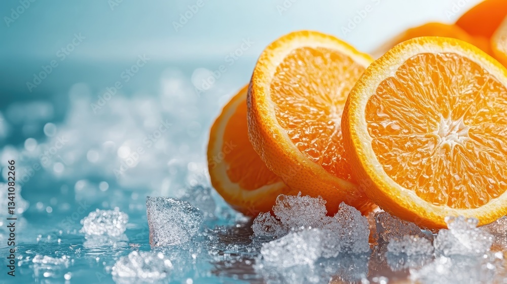 Poster a captivating image of sliced oranges resting on a bed of ice, showcasing the refreshing allure of c