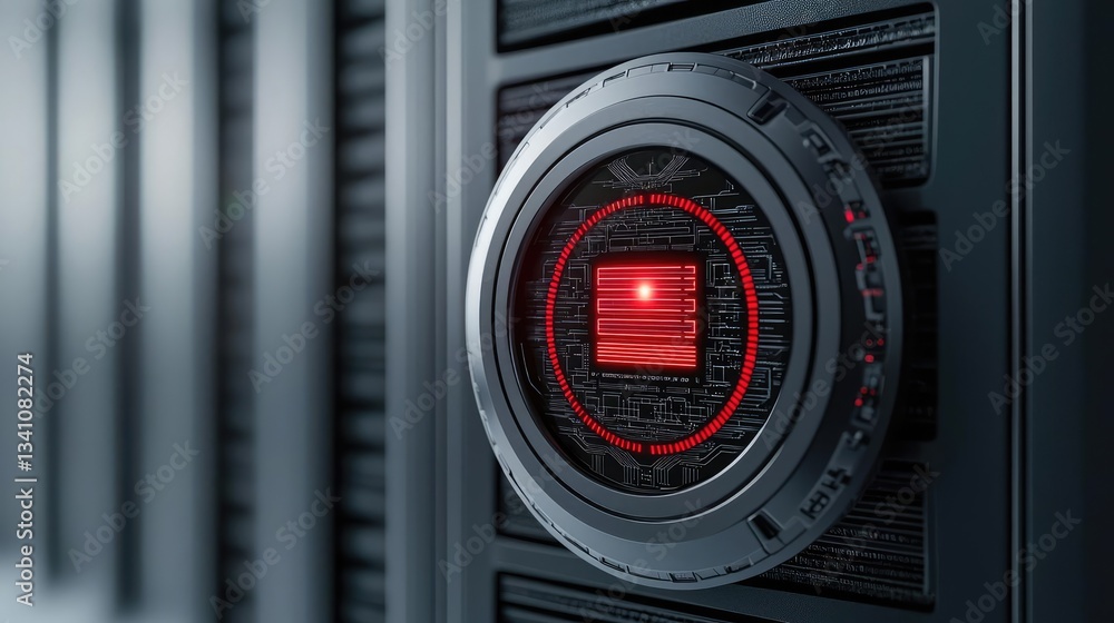 Poster Cybersecurity database computing and data protection concept. Close-up of a modern server rack control panel featuring a red light.
