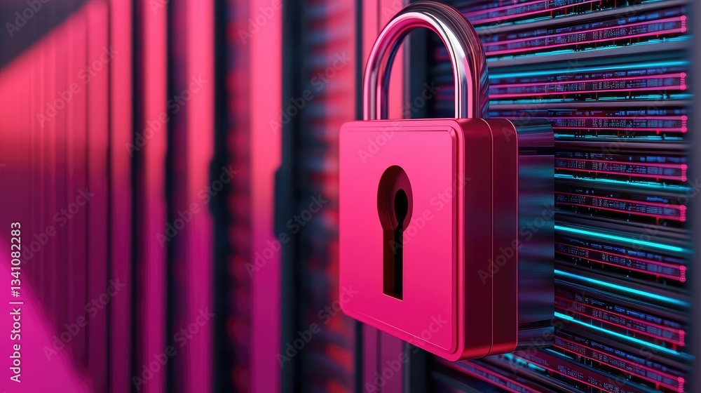 Aufkleber Cybersecurity database computing and data protection concept. Digital padlock secured on a data center for enhanced protection.