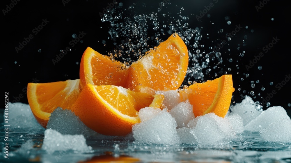 Aufkleber enticing stack of orange slices showered by refreshing water droplets, creating a visually striking 