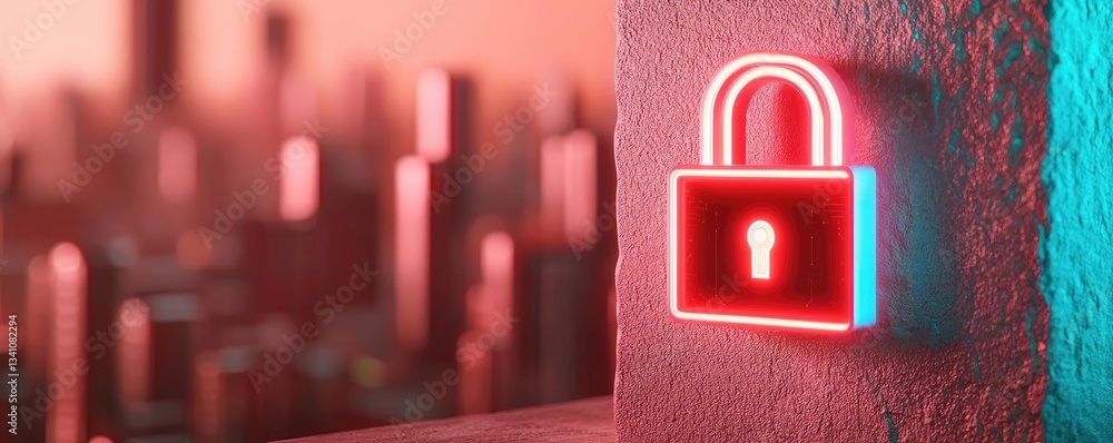 Aufkleber Cybersecurity data protection in database computing concept. A vibrant neon padlock symbolizing digital security and protection.
