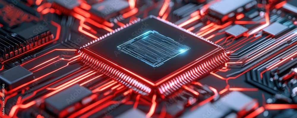 Poster Cybersecurity protection in cyberspace and computing concept. Close-up of a futuristic microchip with glowing details.