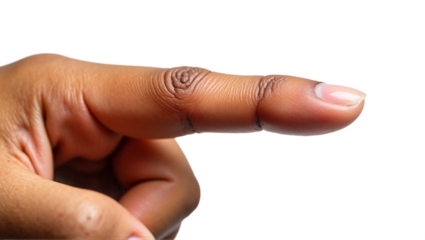 Human index finger with brown skin tone pointing right, isolated on transparent background. Extreme close-up showcasing skin texture and detail. Ideal for direction, medical, or UI/UX.