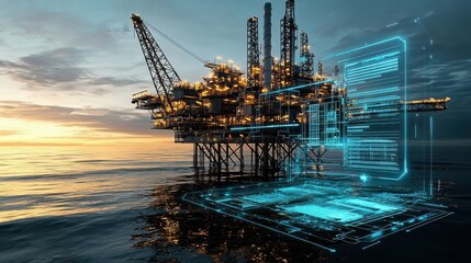 Impressive offshore oil and gas drilling platform situated on the open ocean against a dramatic sky at sunrise or sunset