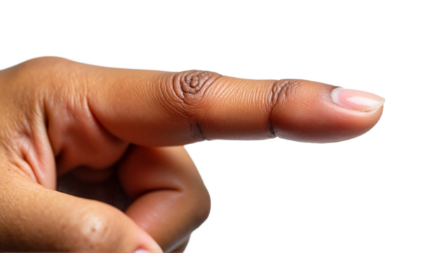 Human index finger with brown skin tone pointing right, isolated on transparent background. Extreme close-up showcasing skin texture and detail. Ideal for direction, medical, or UI/UX.