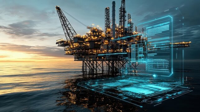 Impressive offshore oil and gas drilling platform situated on the open ocean against a dramatic sky at sunrise or sunset