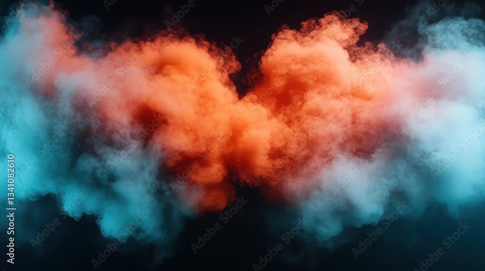 Poster dynamic abstract smoke forms in contrasting blue and orange hues intertwine, creating a captivating 