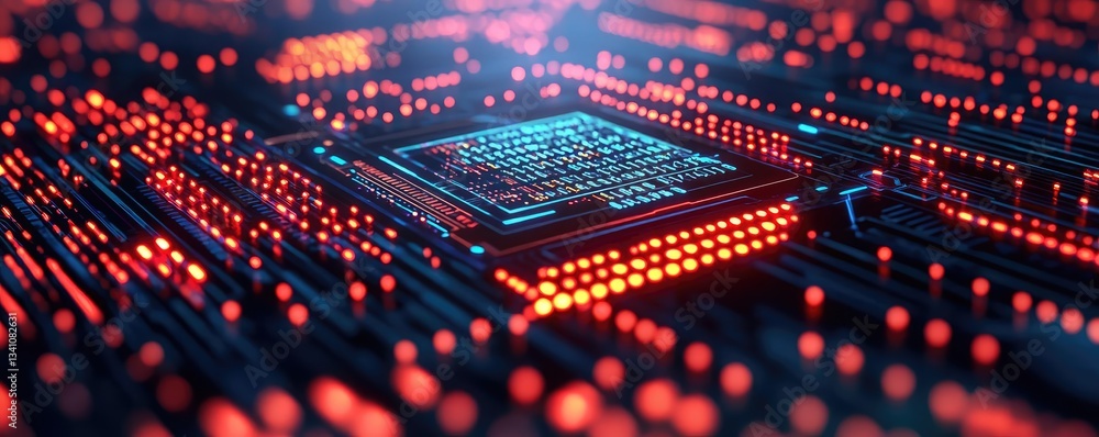 Poster Cybersecurity database computing and data protection concept. Abstract view of a glowing digital circuit board.