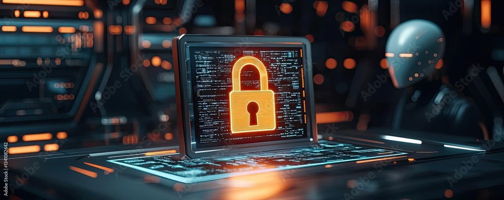 Aufkleber Cybersecurity data protection in database computing concept. Futuristic security concept with a locked interface and AI.