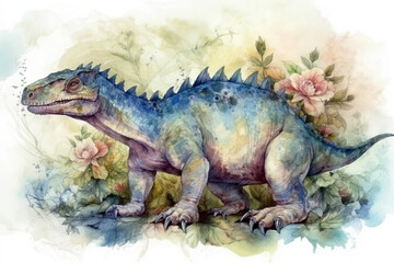 Naklejka premium dinosaur on a light background in the rococo style., watercolor style, Generative AI
