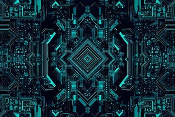 Abstract close-up of a glowing blue digital circuit board, showcasing intricate connections and technological design on a black background.
