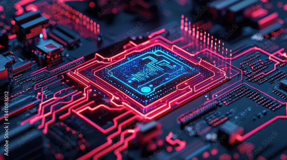 Aufkleber Cybersecurity protection in cyberspace and computing concept. Close-up of a vibrant microchip with glowing circuits.