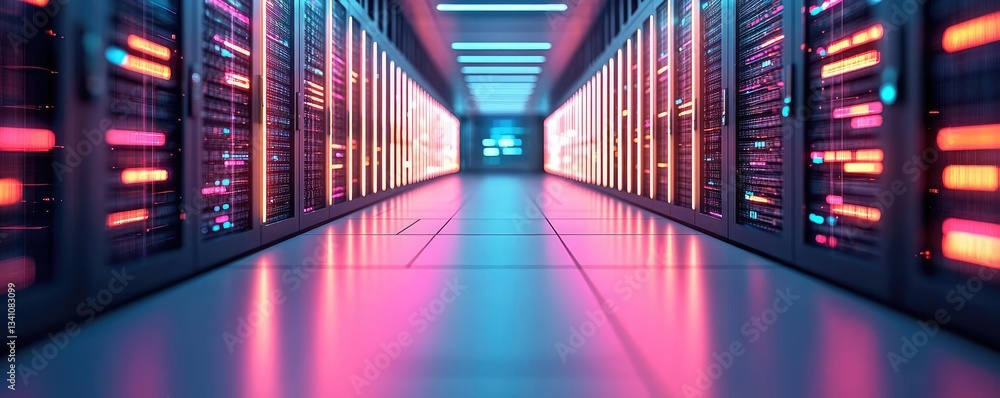 Poster Cybersecurity data protection in database computing concept. Futuristic data center hallway with colorful server lights.