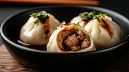 A close-up view of delicious steamed dumplings drizzled with sauce and topped with fresh green onions, presenting an enticing culinary ambrosia that captivates the senses.