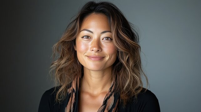 This portrait showcases a confident woman smiling softly, her wavy hair catching the light, set against a neutral grey background, radiating positivity and approachability.