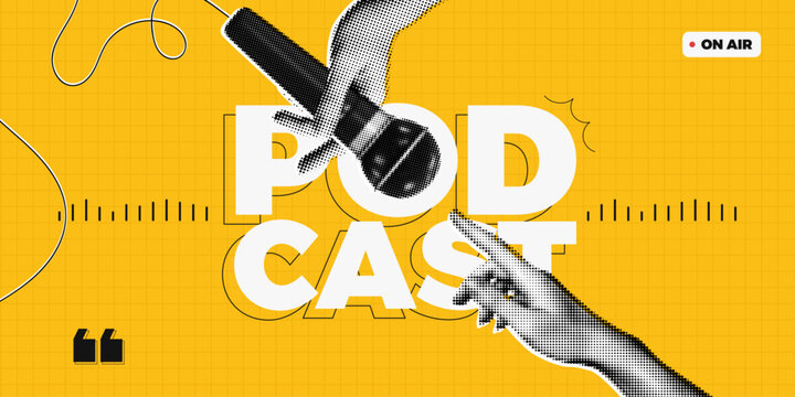 Trendy Halftone Collage Podcast broadcast. Hand holding studio microphone. Talk show and interview. Online radio news. Soundcheck concept. Streaming service. Contemporary vector illustration art