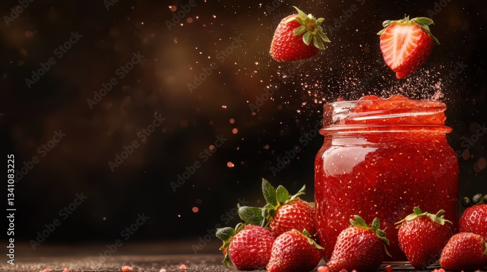Poster an artistic depiction of strawberries splashing into a jar of jam, capturing the dynamic motion and 