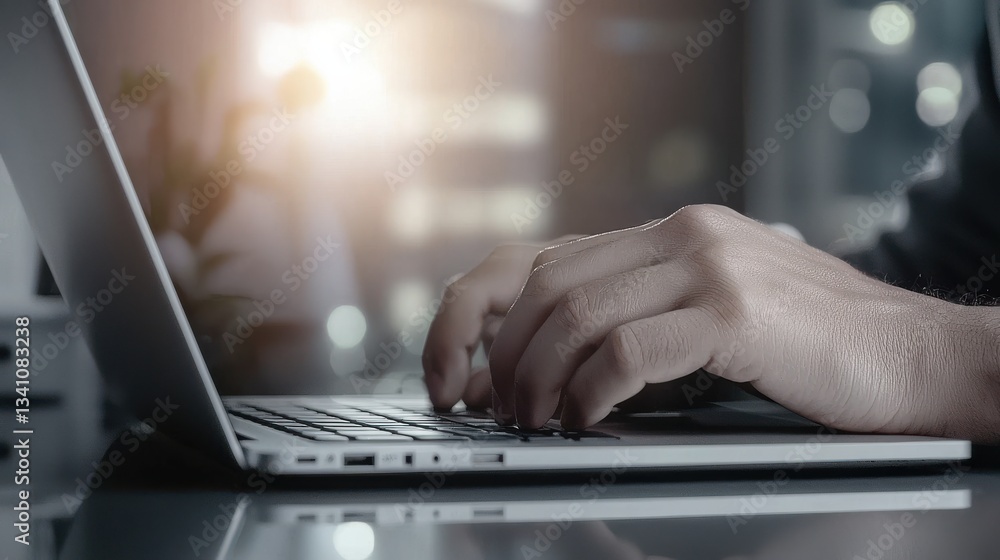 Poster close up view of person s hands typing on a laptop keyboard in a bright and modern office workspace 