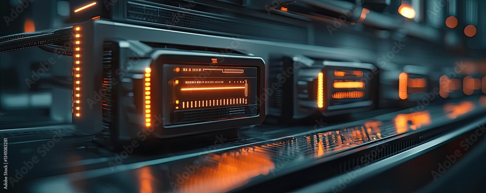 Poster Cybersecurity database computing and data protection concept. Close-up of innovative tech hardware with glowing lights.
