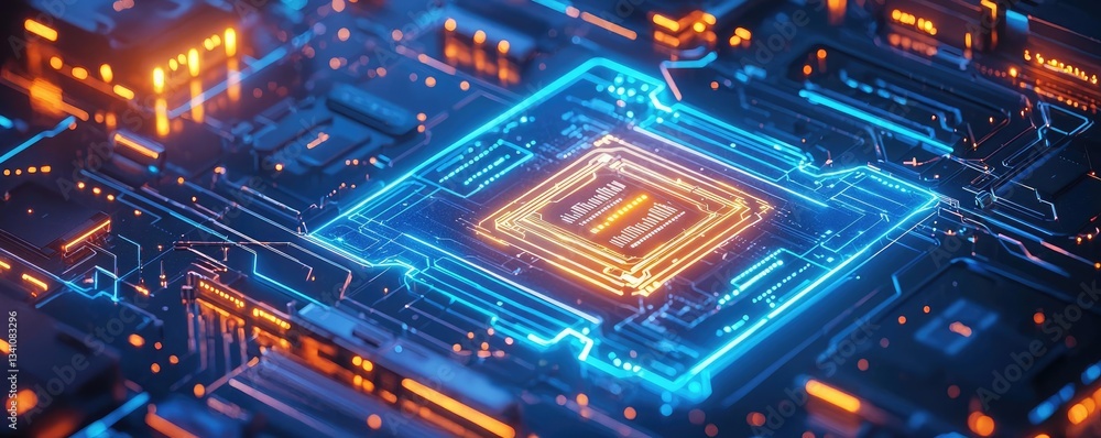 Poster Cybersecurity database computing and data protection concept. Futuristic circuit board with glowing blue and orange lights.