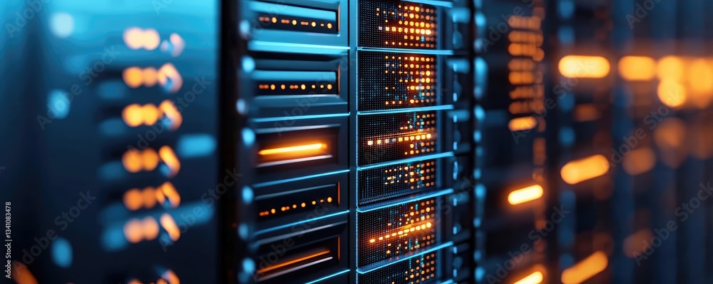 Aufkleber Cybersecurity protection in cyberspace and computing concept. Detailed view of modern data servers with glowing lights.