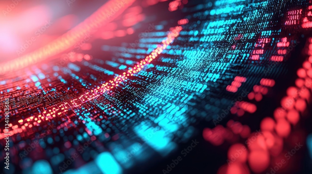 Poster Cybersecurity protection in cyberspace and computing concept. Vibrant abstract data visualization with glowing blue and red elements.