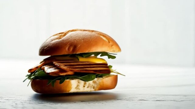 S&aacute;ndwich de pollo a la parrilla con r&uacute;cula y salsa de mostaza en pan artesanal