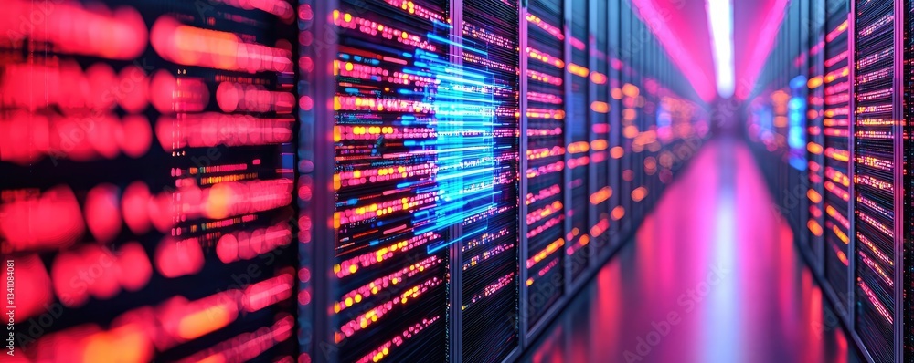 Aufkleber Cybersecurity database computing and data protection concept. Futuristic server room illuminated with vibrant colored lights.