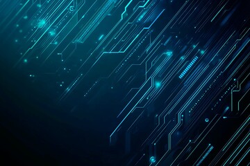 Abstract close-up of a glowing blue digital circuit board, showcasing intricate connections and technological design on a black background.
