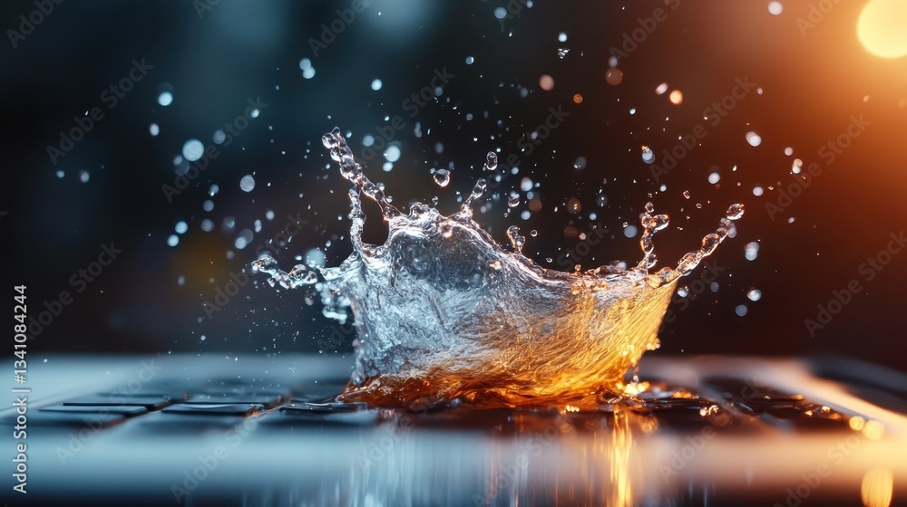 Aufkleber an artistic portrayal of water splashing on a laptop keyboard, blending technology with elements of 