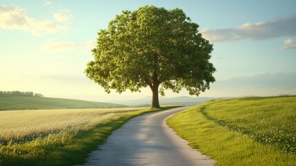 A lush green tree growing in the middle of a well-paved countryside road