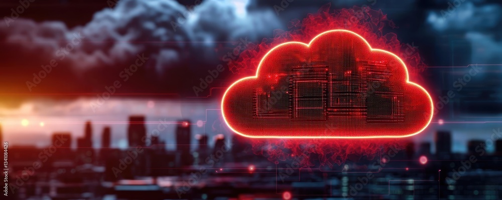 Poster Cybersecurity data protection in database computing concept. Modern cloud computing graphic with city skyline backdrop.