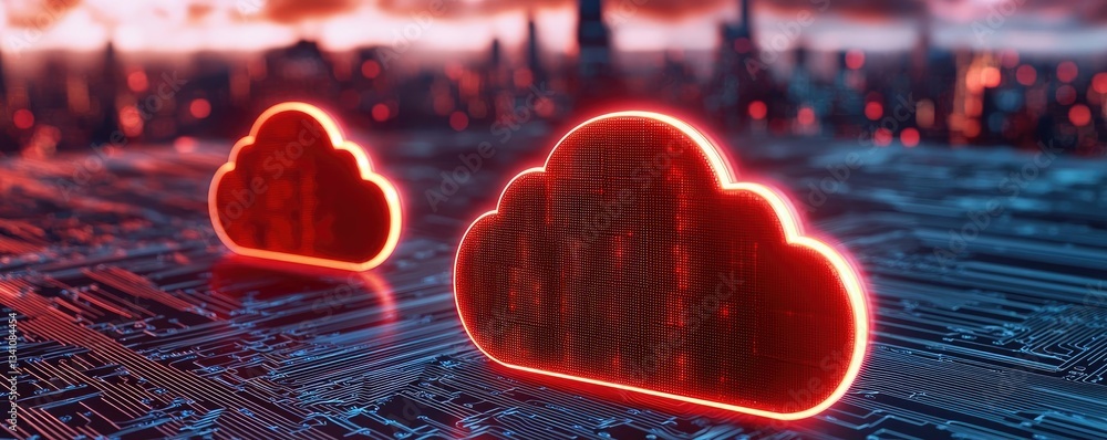 Aufkleber Cybersecurity data protection in database computing concept. Futuristic red cloud icons on a digital circuit background.