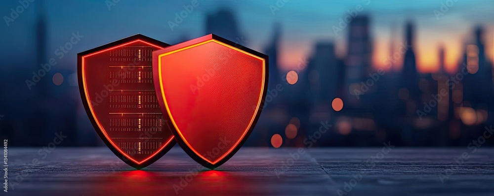Poster Cybersecurity data protection in database computing concept. Two red shields representing digital security and protection.