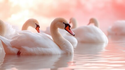 A serene scene showcases graceful swans gliding on peaceful waters, reflecting beauty and harmony, evoking feelings of tranquility and connection to nature in a soft color palette.