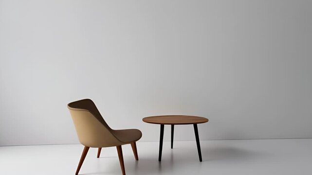 a mid-century modern chair, a small round coffee table, and empty white walls that leave room for additional graphic designs.