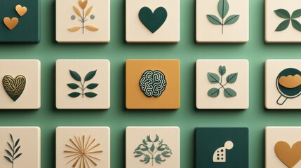 mental health pattern, a contemporary seamless pattern with geometric shapes features mental health icons in a stylish layout with green and teal colors