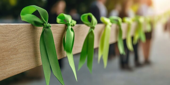 mental health awarenessgetfield, green ribbons on clothes representing mental health, with people in the background showing support for the cause