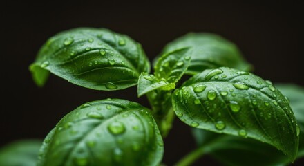 Fototapeta premium Fresh Basil Leaves with Water Droplets Against Dark Background